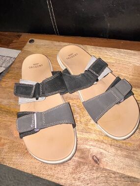 Origins Two-Strap Gray and Black Suede Slide Sandals